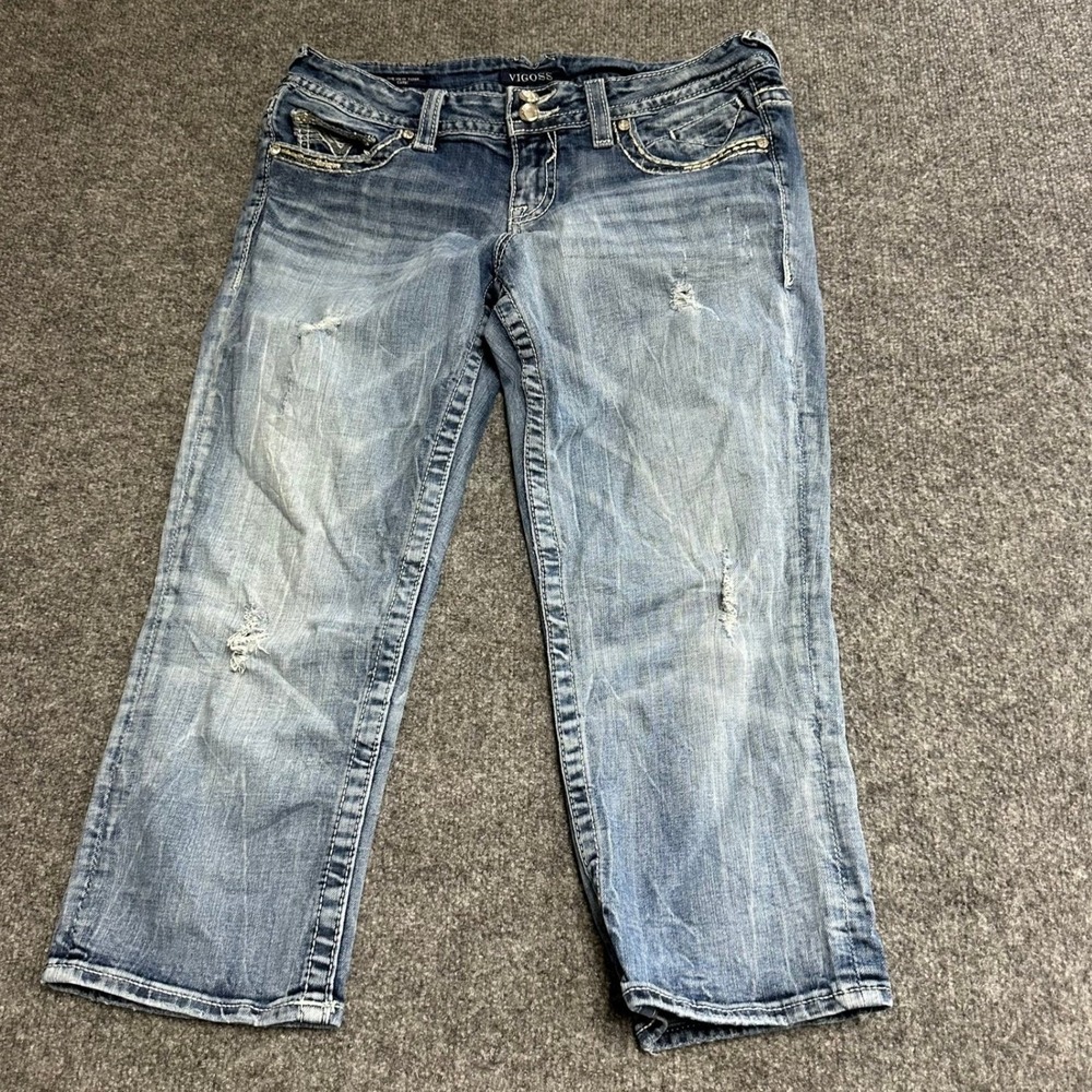 Vigoss Capri Jeans Womens Size 30 Blue The New York Rhinestone Embroidered Denim